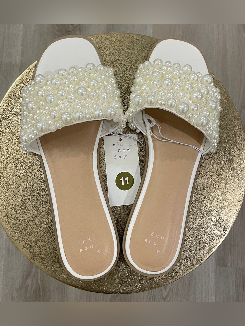 A New Day Pearl-Embellished White Slide Sandals